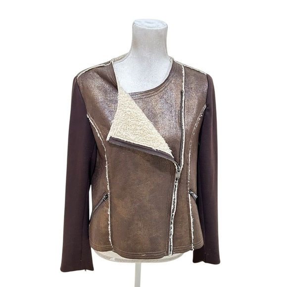 G by Giuliani metallic Brown Shearling zip up moto Jacket Ponte knit size large - Picture 9 of 13